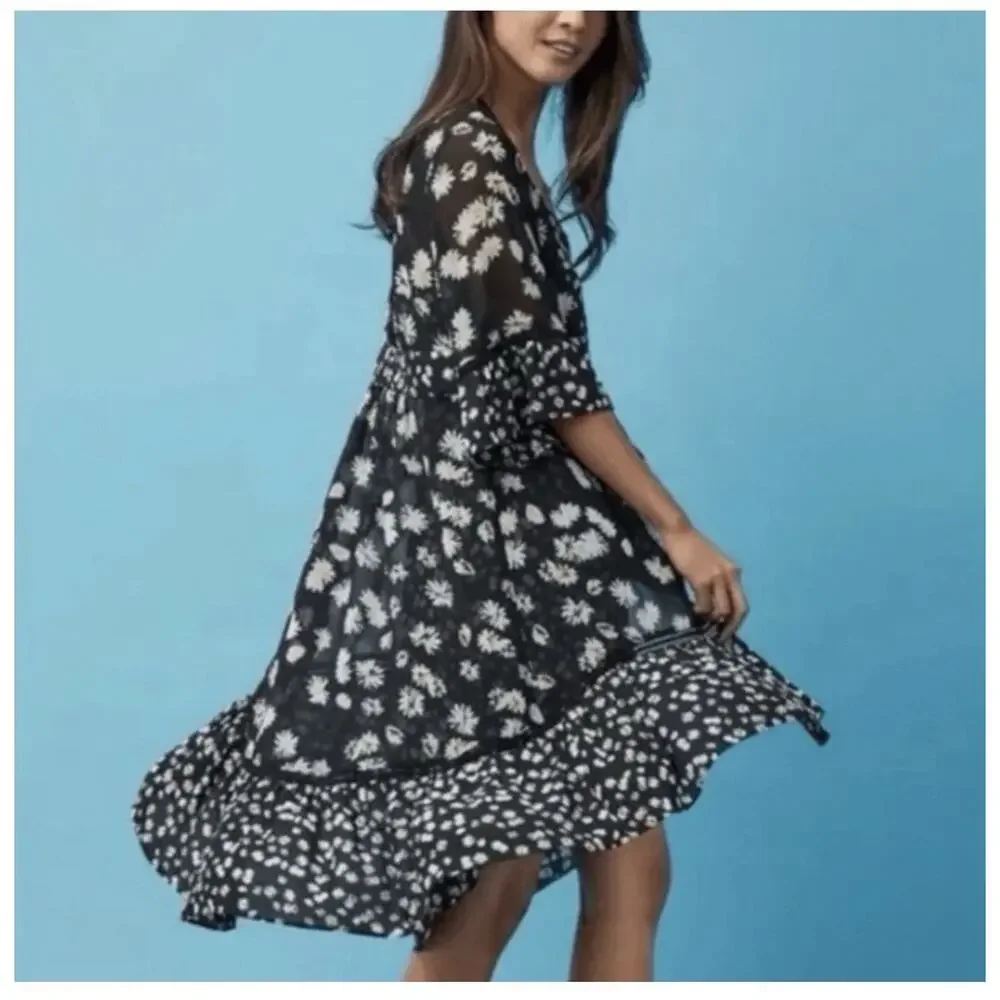 CAbi Daisy Print 2 Piece Chiffon Dress/Duster Wrap Black & White Sz L COTTAGE - Picture 5 of 16